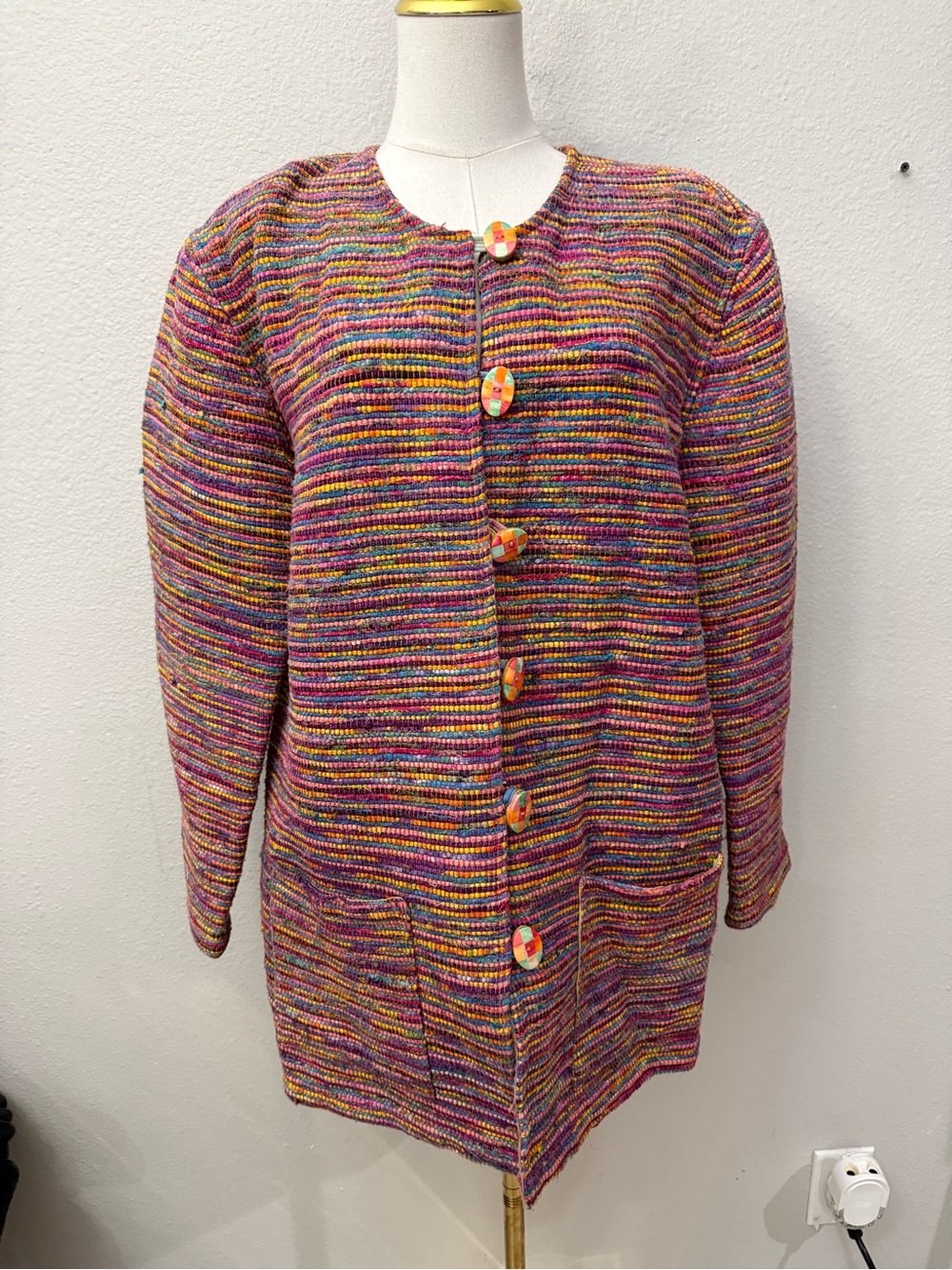 Parsley & Sage Tapestry Artsy Long Sleeve Wooden Button Coat L Boho Hippy Women